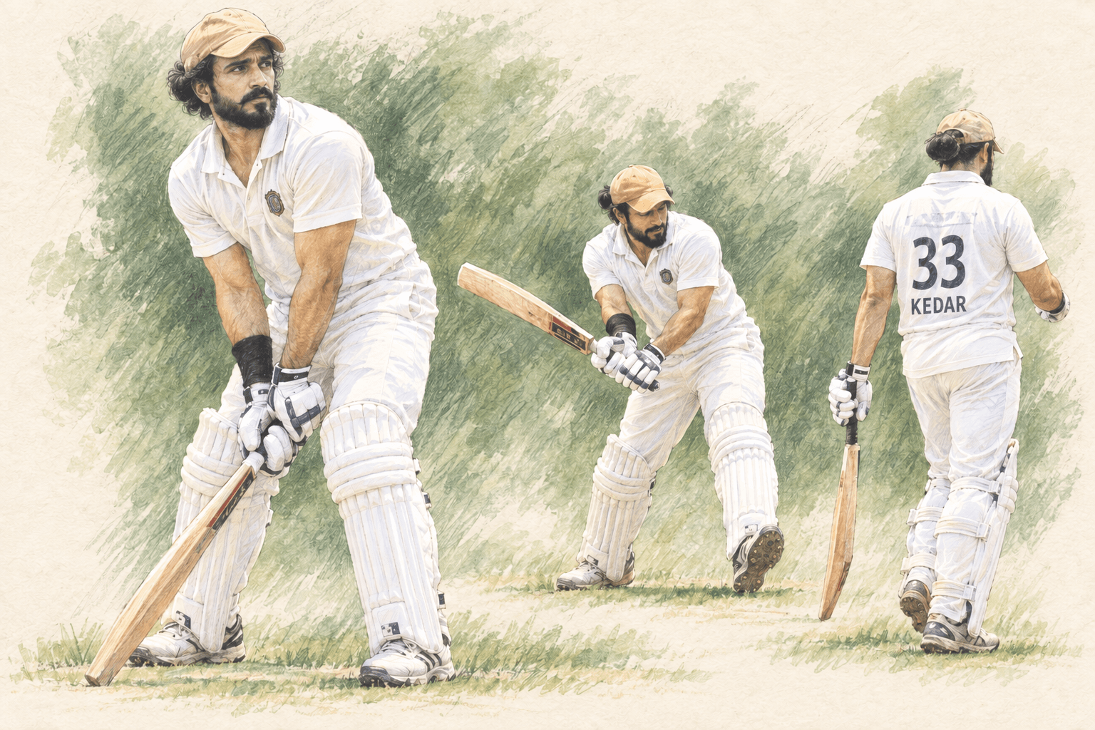 Colour sketches of Kedar batting, playing a shot and wearing his number 33 jersey
